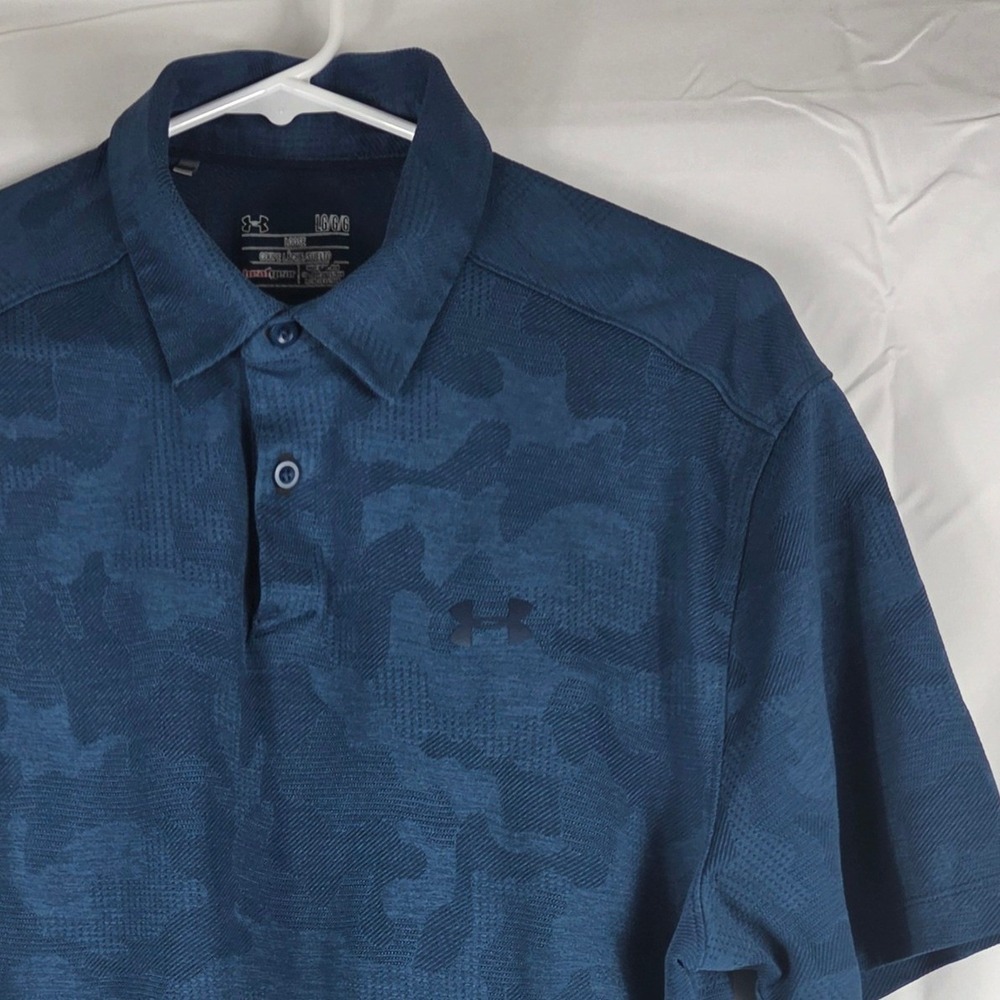 Under Armour HeatGear Blue Camo‎ Polo Shirt Mens Large Loose Fit Golf Athletic